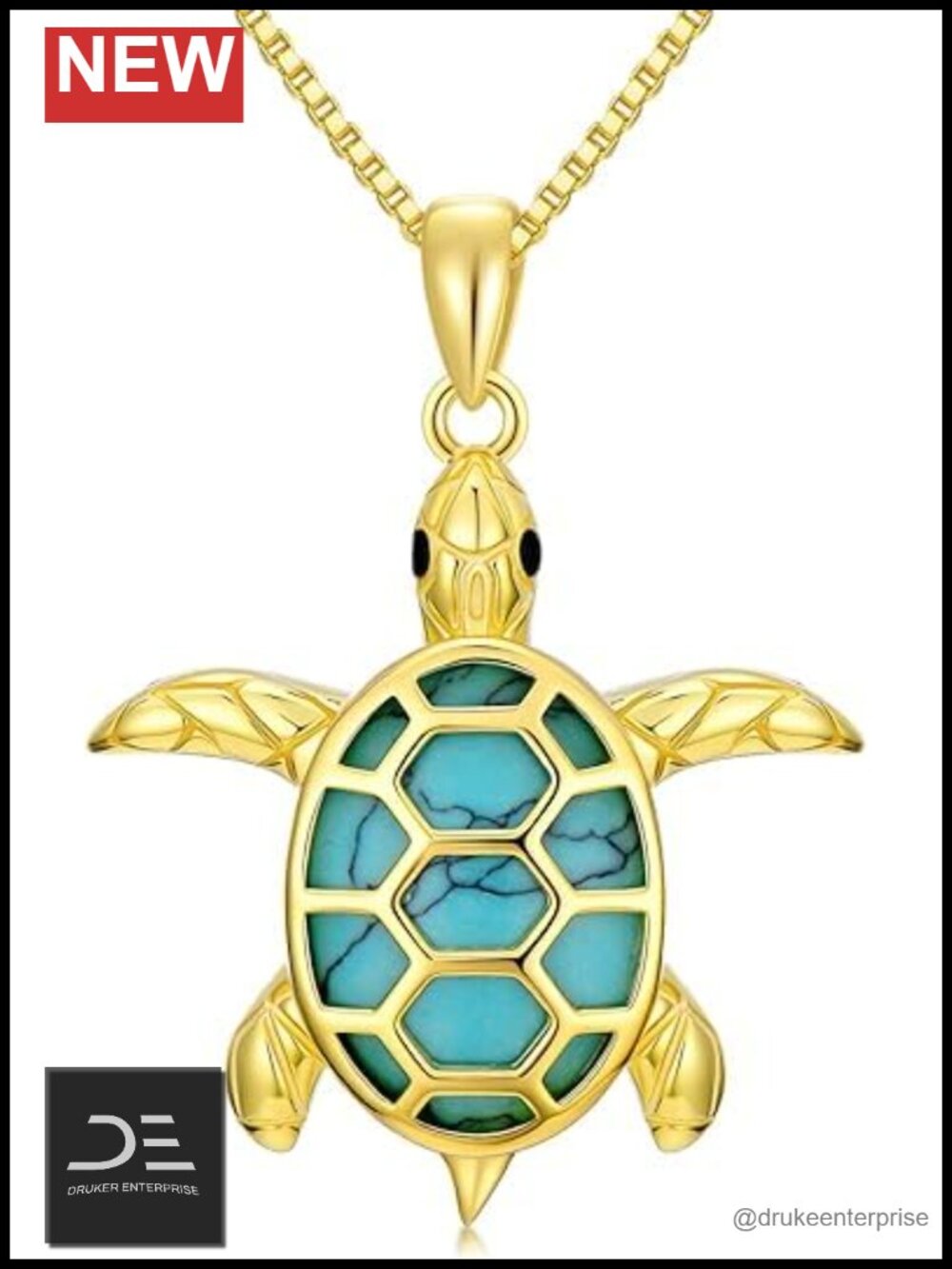 14k Yellow Gold Plated S925 Sterling Silver Genuine Turquoise Turtle Pendant